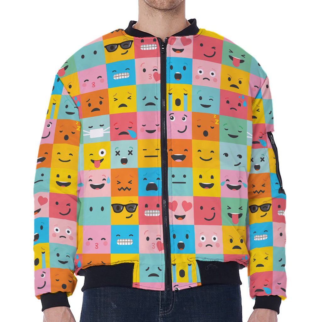 Colorful Emoji Pattern Print Zip Sleeve Bomber Jacket