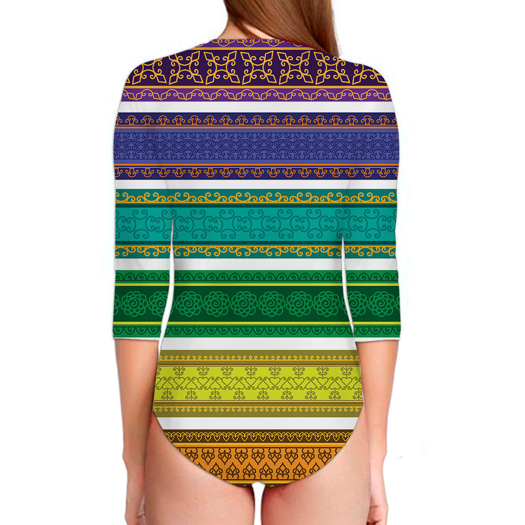 Colorful Ethnic Pattern Print Long Sleeve Swimsuit