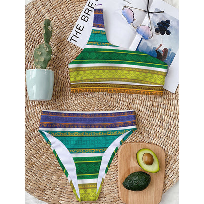 Colorful Ethnic Pattern Print One Shoulder Bikini Top