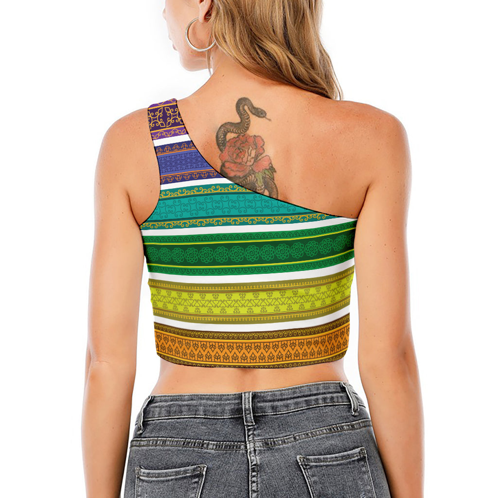 Colorful Ethnic Pattern Print One Shoulder Crop Top