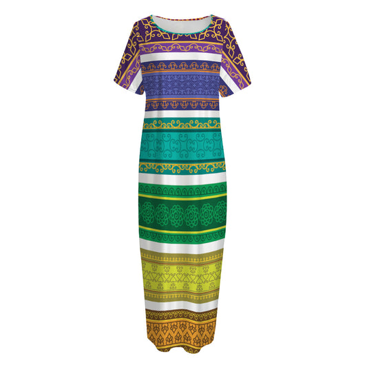 Colorful Ethnic Pattern Print Short Sleeve Long Nightdress