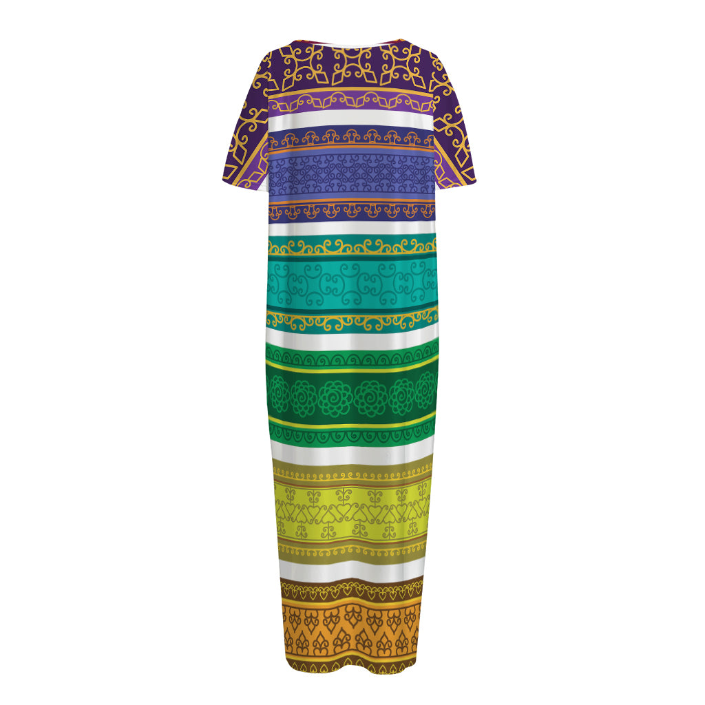 Colorful Ethnic Pattern Print Short Sleeve Long Nightdress