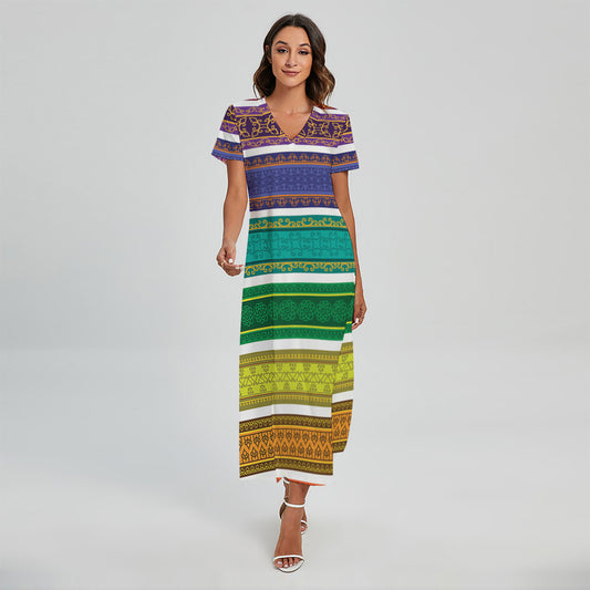 Colorful Ethnic Pattern Print Short Sleeve Maxi Dress