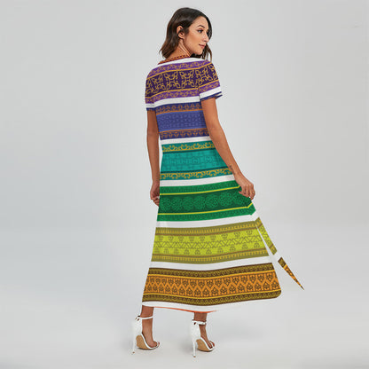 Colorful Ethnic Pattern Print Short Sleeve Maxi Dress