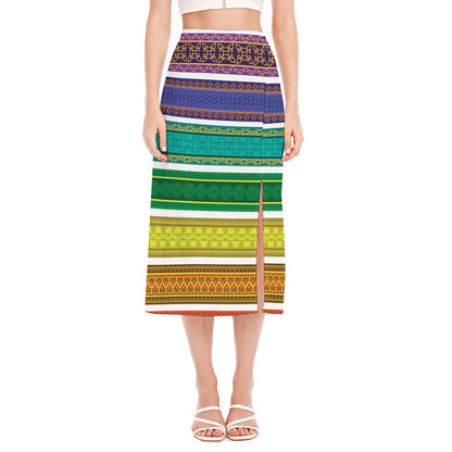 Colorful Ethnic Pattern Print Side Slit Midi Skirt