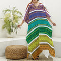 Colorful Ethnic Pattern Print Silk V-Neck Kaftan Dress