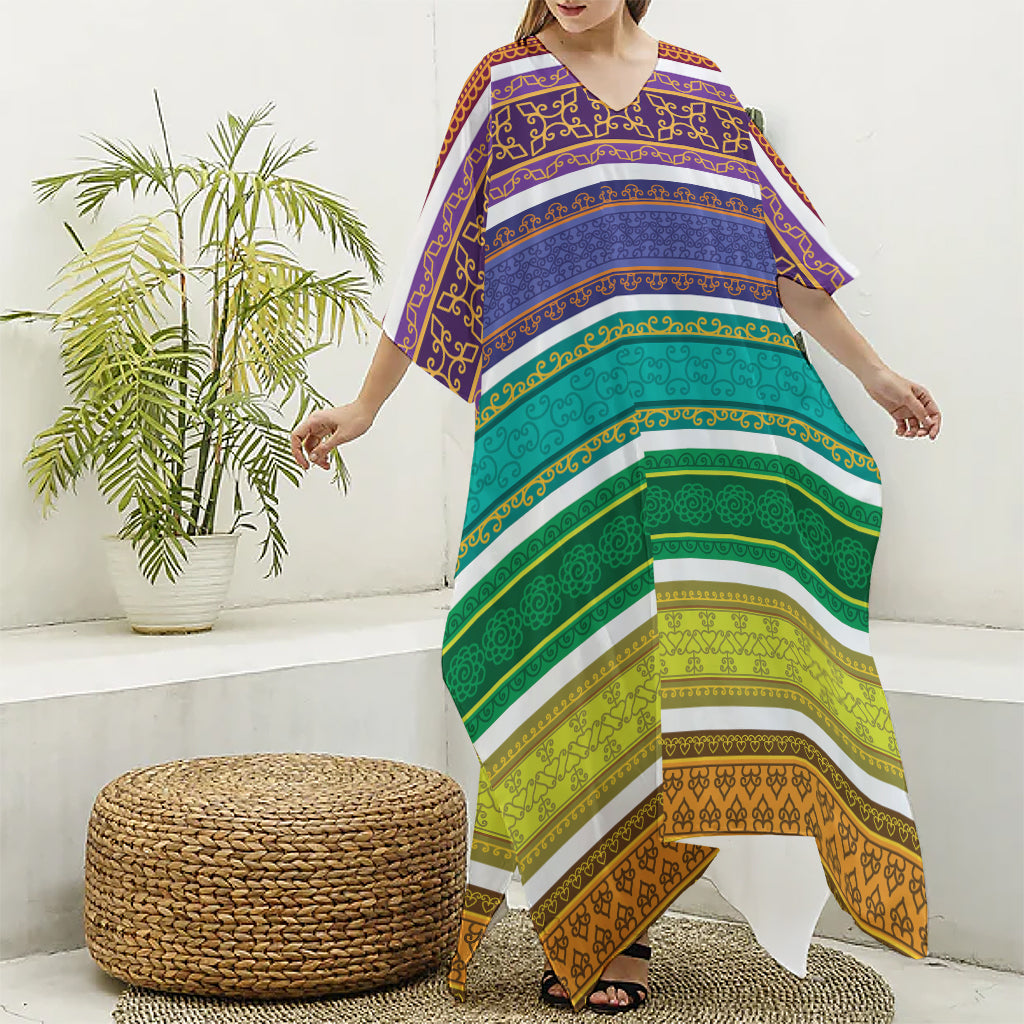 Colorful Ethnic Pattern Print Silk V-Neck Kaftan Dress