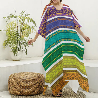 Colorful Ethnic Pattern Print Silk V-Neck Kaftan Dress