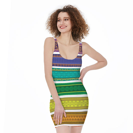 Colorful Ethnic Pattern Print Sleeveless Bodycon Dress