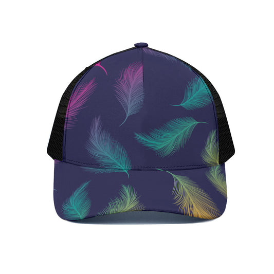 Colorful Feather Pattern Print Black Mesh Trucker Cap