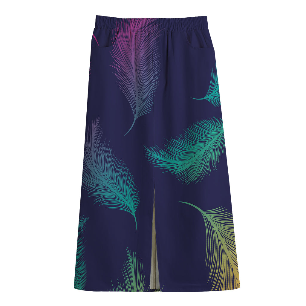 Colorful Feather Pattern Print Cotton Front Slit Maxi Skirt