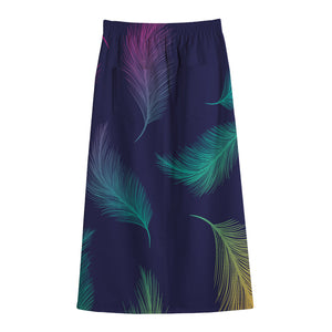 Colorful Feather Pattern Print Cotton Front Slit Maxi Skirt