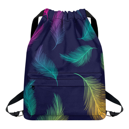Colorful Feather Pattern Print Drawstring Backpack