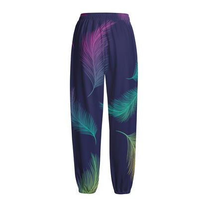 Colorful Feather Pattern Print Fleece Lined Knit Pants