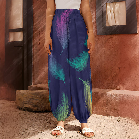Colorful Feather Pattern Print Harem Pants