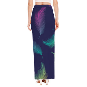 Colorful Feather Pattern Print High Slit Maxi Skirt