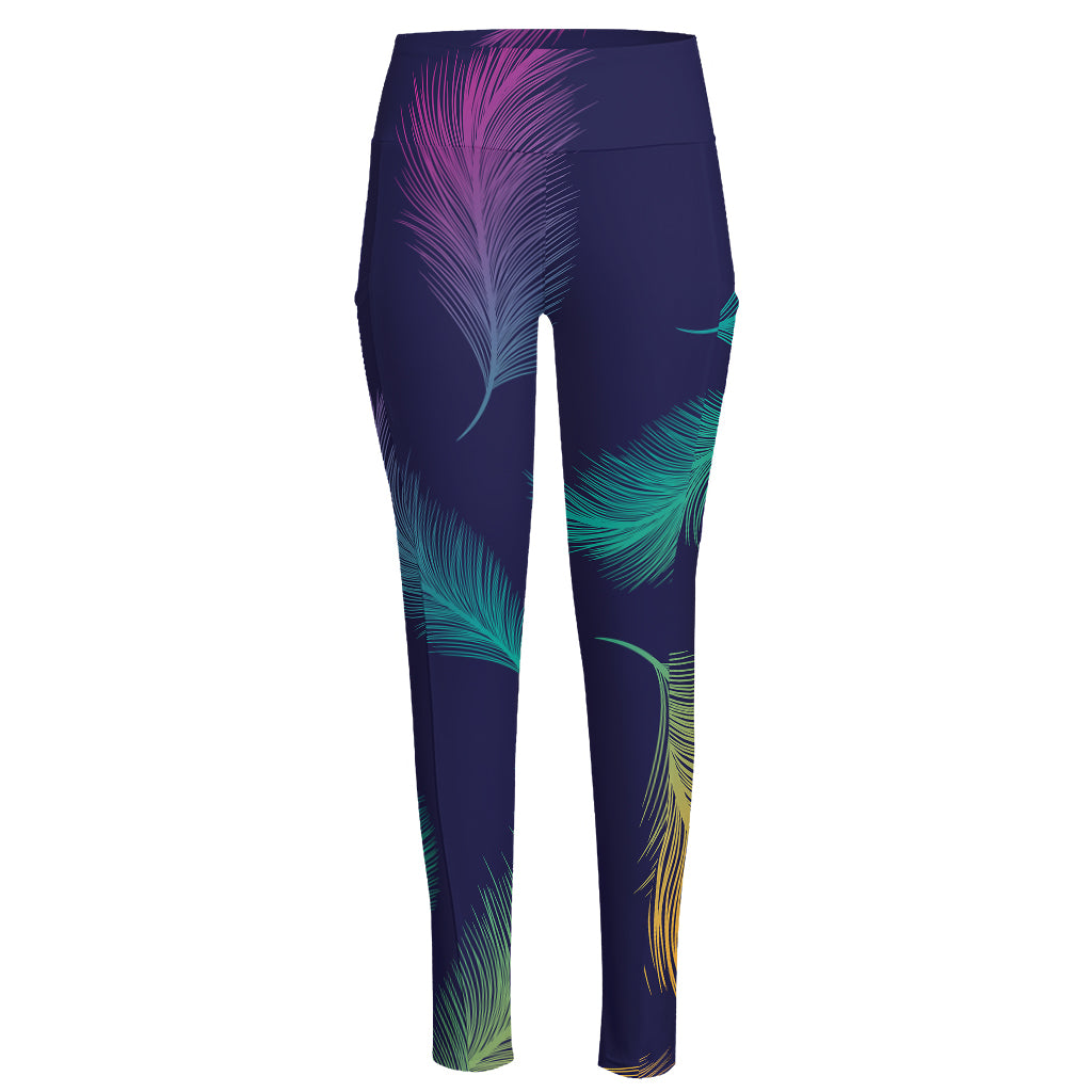 Colorful Feather Pattern Print High-Waisted Pocket Leggings