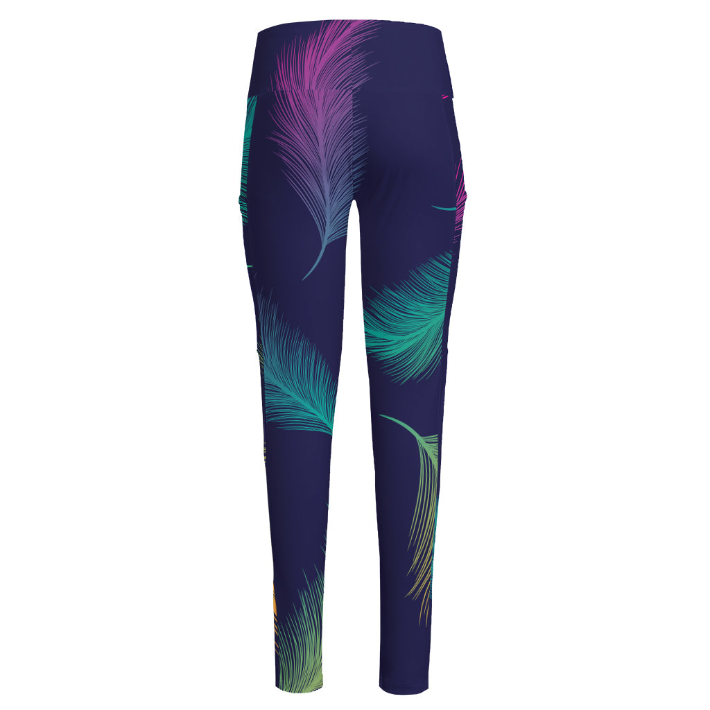 Colorful Feather Pattern Print High-Waisted Pocket Leggings