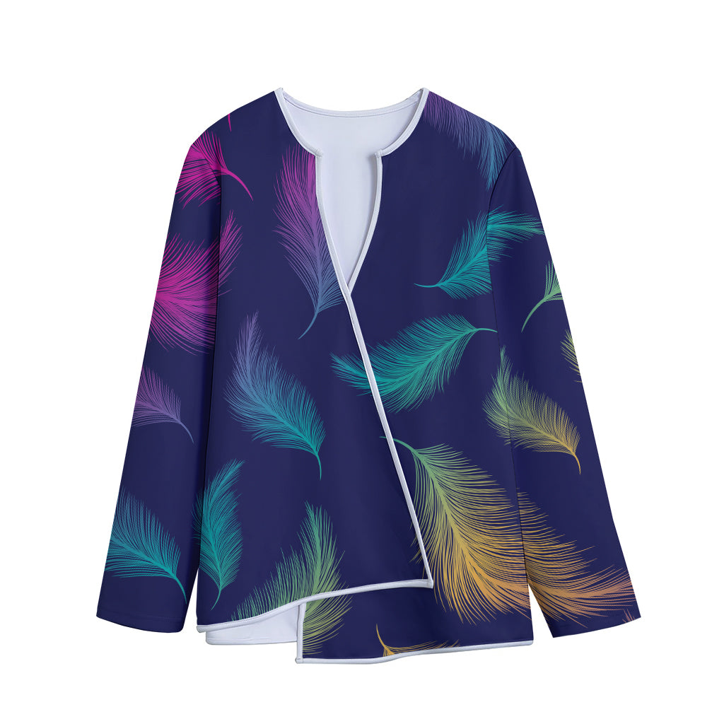 Colorful Feather Pattern Print Long Sleeve Short Coat