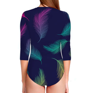 Colorful Feather Pattern Print Long Sleeve Swimsuit