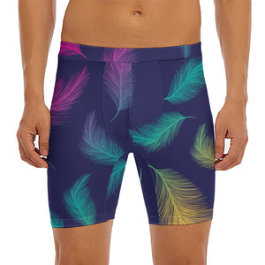 Colorful Feather Pattern Print Men's Long Boxer Briefs