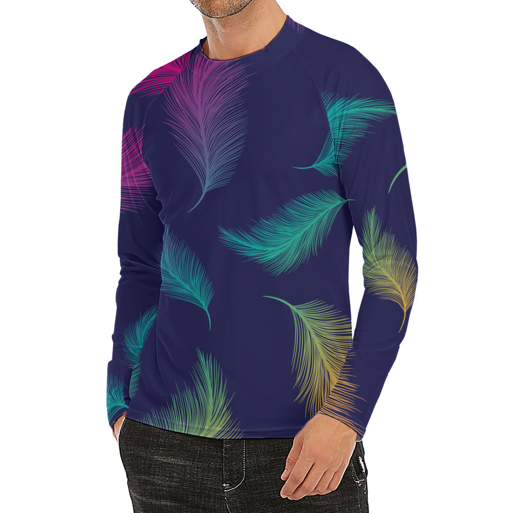 Colorful Feather Pattern Print Men's Long Sleeve Rash Guard