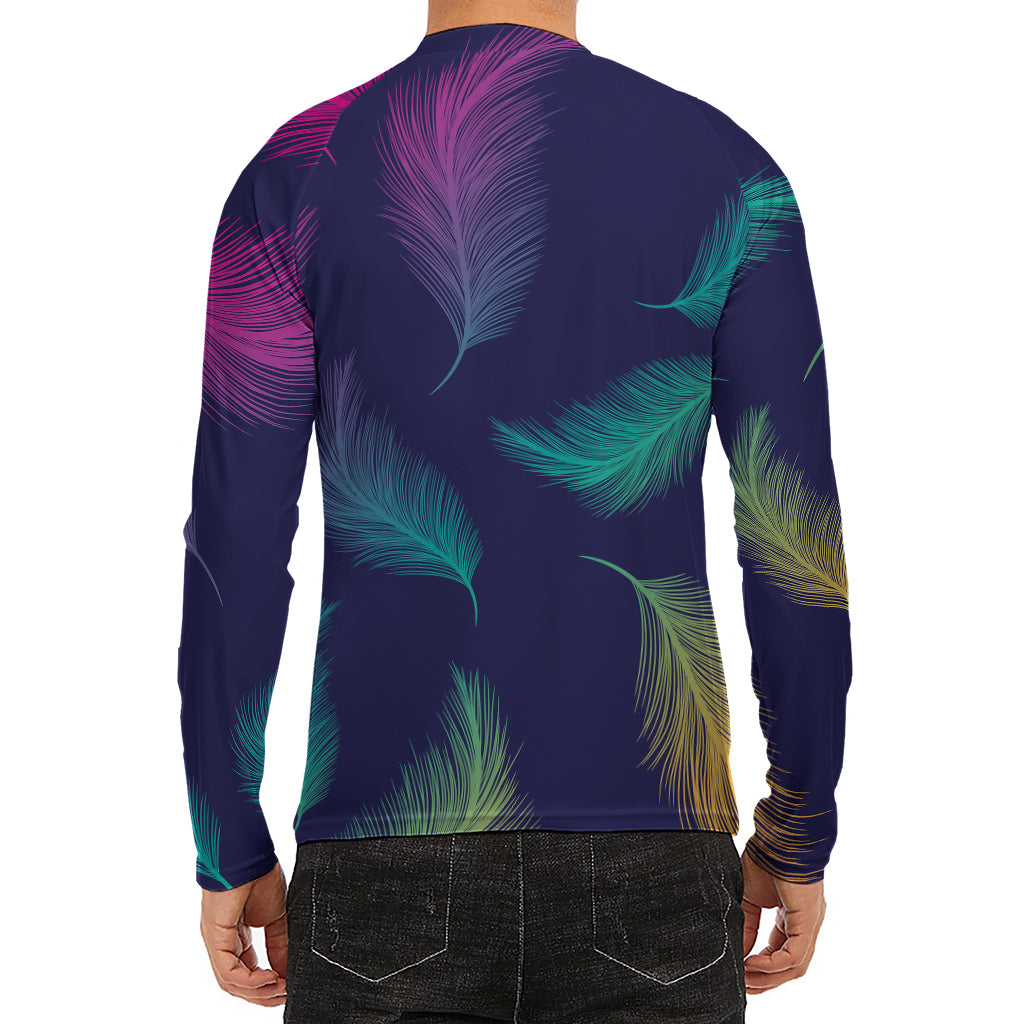 Colorful Feather Pattern Print Men's Long Sleeve Rash Guard