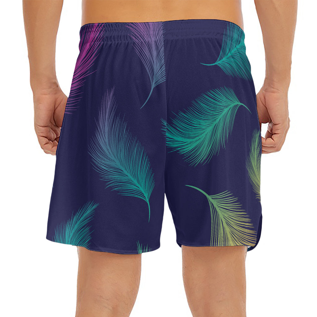 Colorful Feather Pattern Print Men's Split Running Shorts