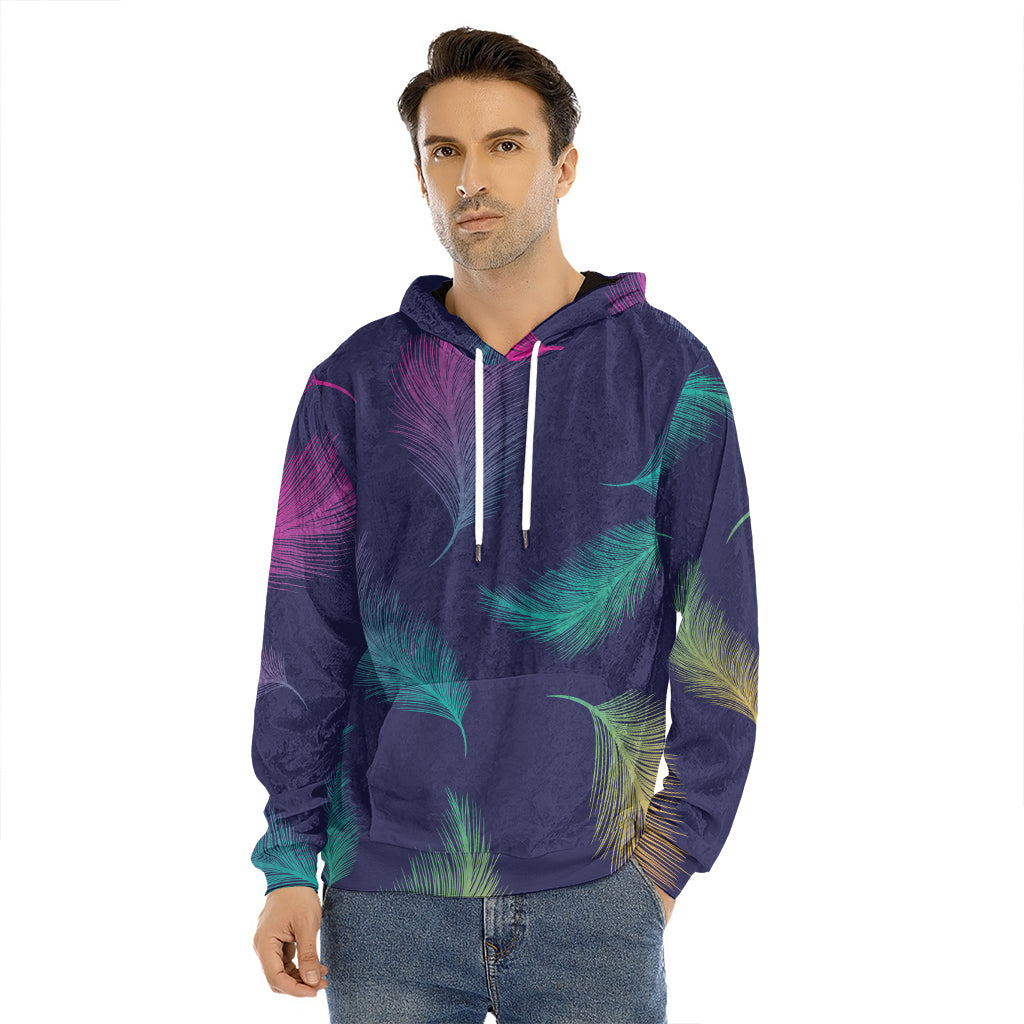 Colorful Feather Pattern Print Men's Velvet Pullover Hoodie