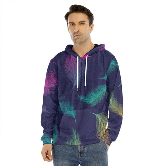 Colorful Feather Pattern Print Men's Velvet Pullover Hoodie