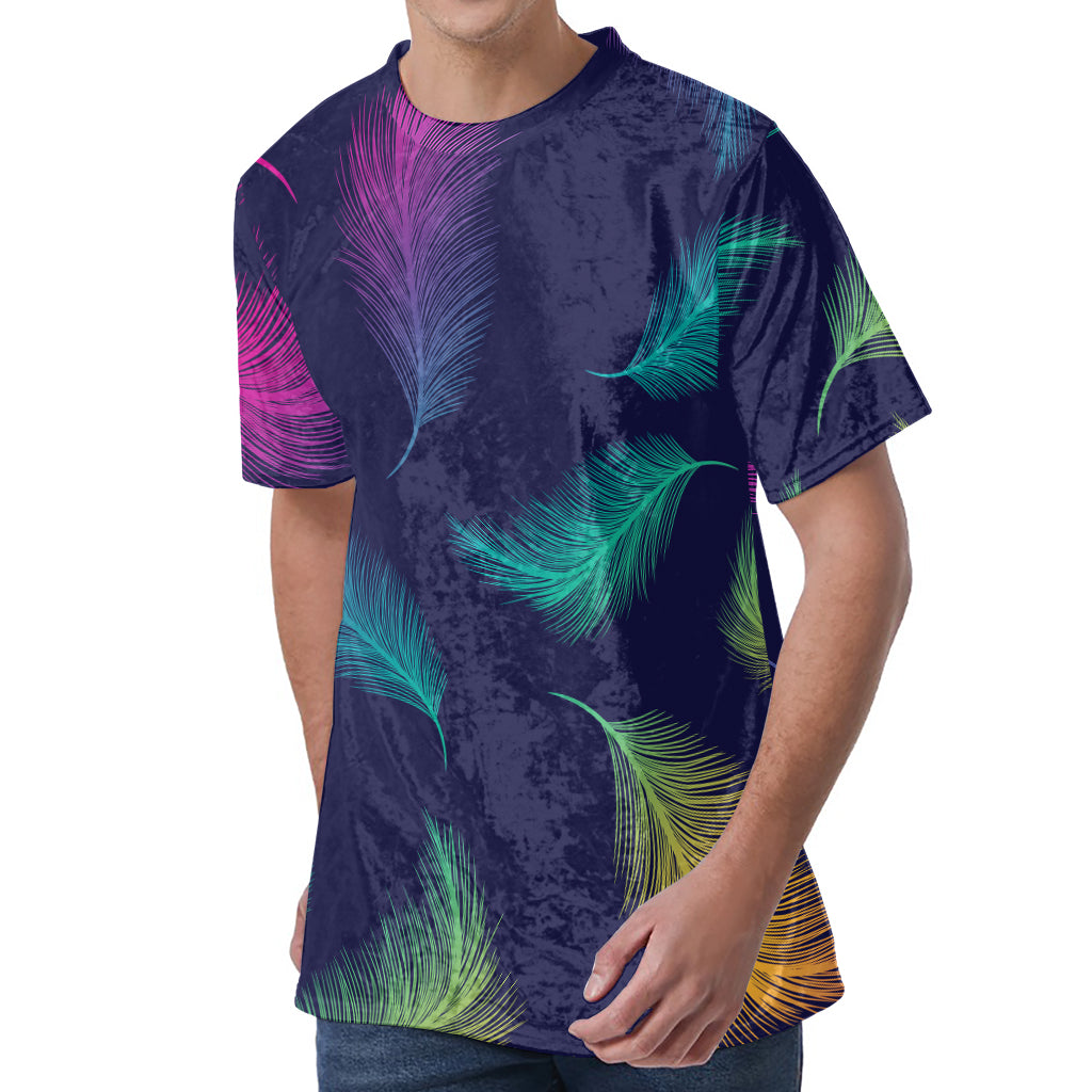 Colorful Feather Pattern Print Men's Velvet T-Shirt
