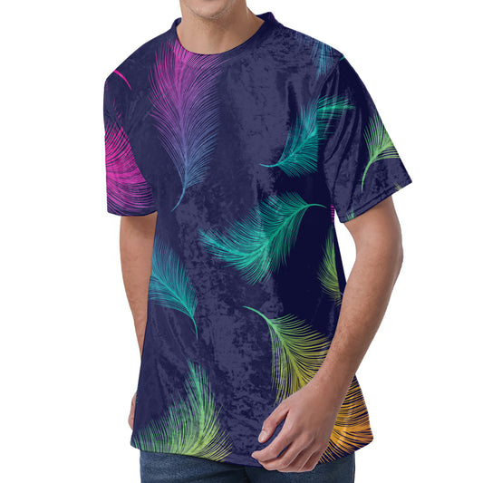 Colorful Feather Pattern Print Men's Velvet T-Shirt