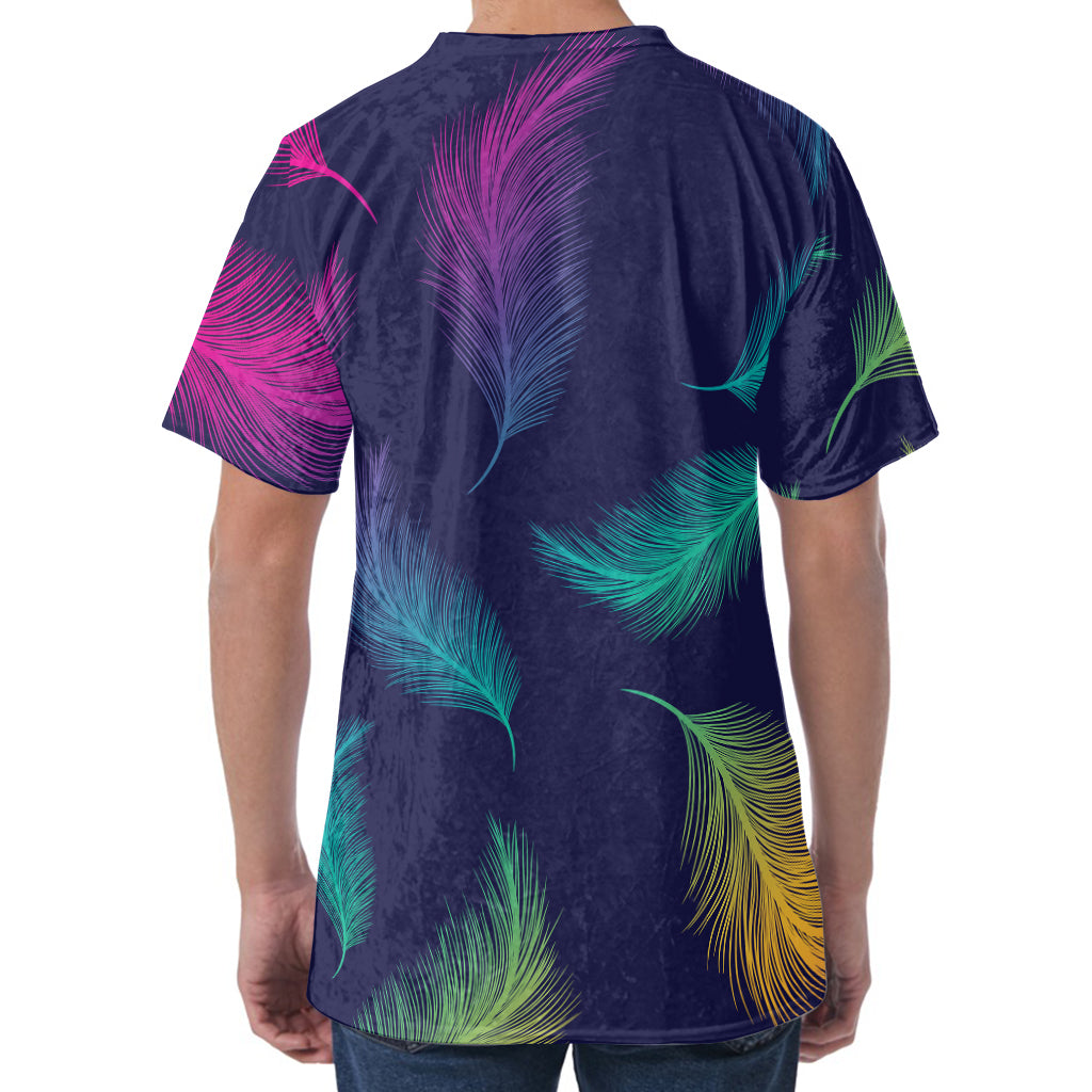Colorful Feather Pattern Print Men's Velvet T-Shirt