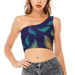 Colorful Feather Pattern Print One Shoulder Crop Top