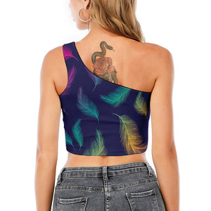 Colorful Feather Pattern Print One Shoulder Crop Top