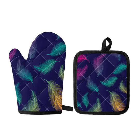 Colorful Feather Pattern Print Oven Mitt And Pot Holder Set