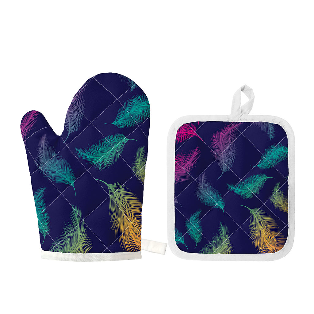 Colorful Feather Pattern Print Oven Mitt And Pot Holder Set