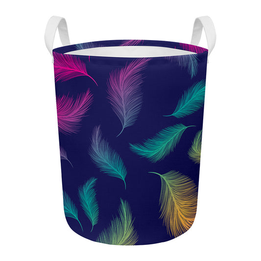 Colorful Feather Pattern Print Round Laundry Basket