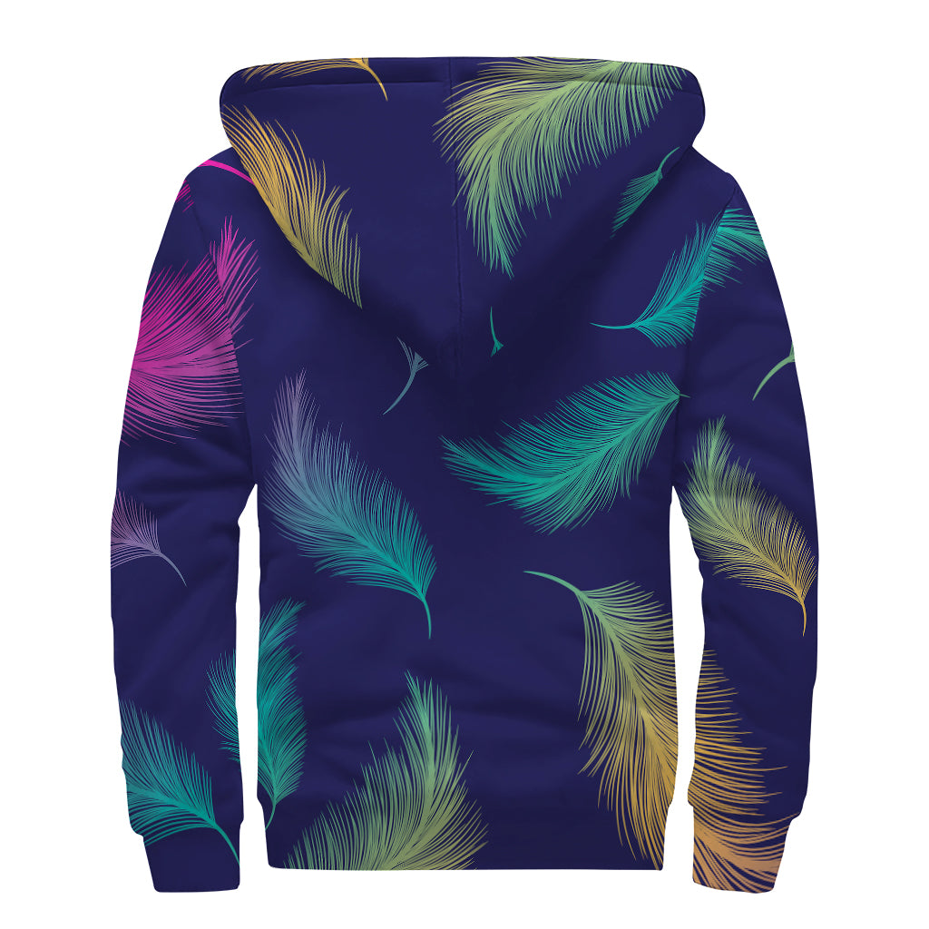 Colorful Feather Pattern Print Sherpa Lined Zip Up Hoodie
