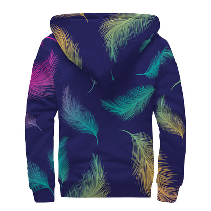 Colorful Feather Pattern Print Sherpa Lined Zip Up Hoodie