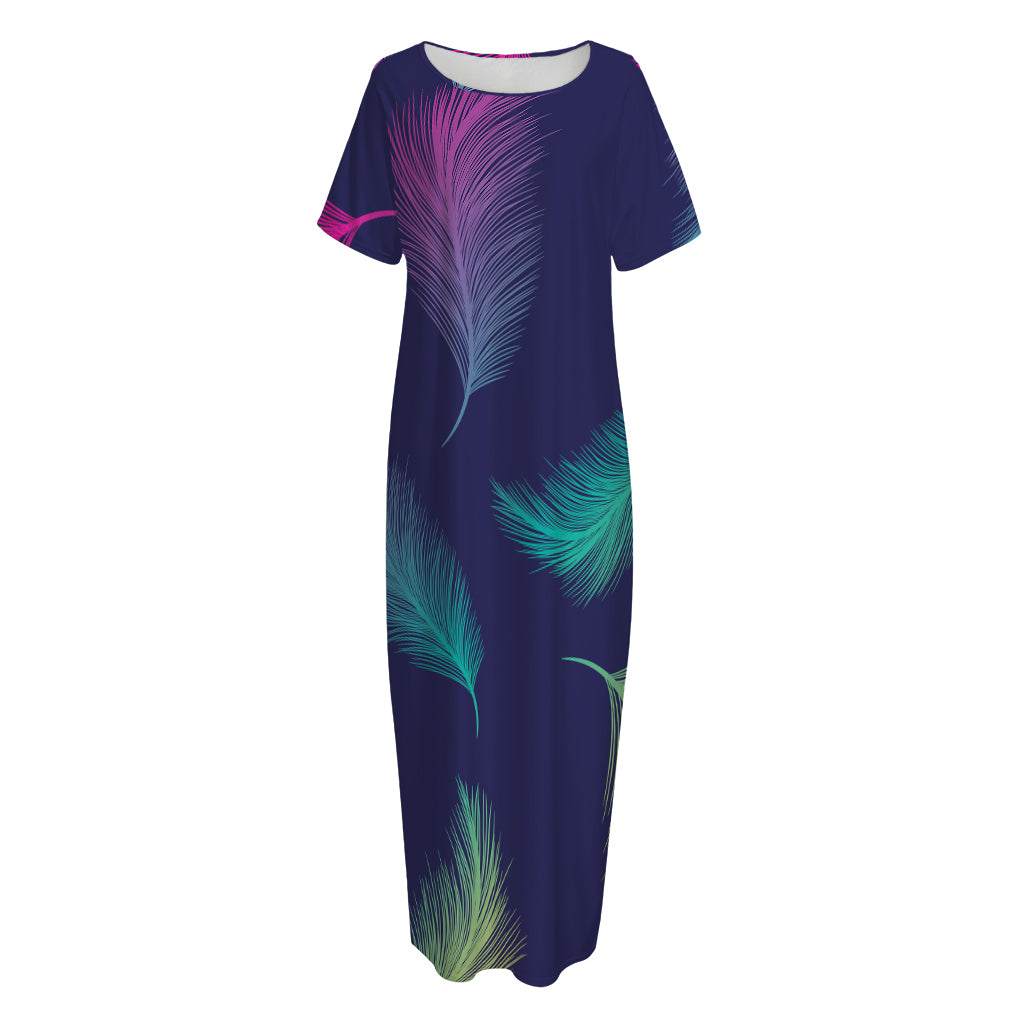 Colorful Feather Pattern Print Short Sleeve Long Nightdress