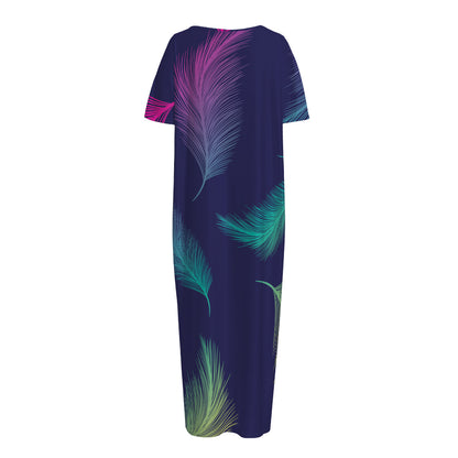 Colorful Feather Pattern Print Short Sleeve Long Nightdress