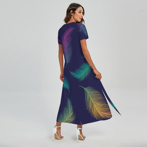 Colorful Feather Pattern Print Short Sleeve Maxi Dress