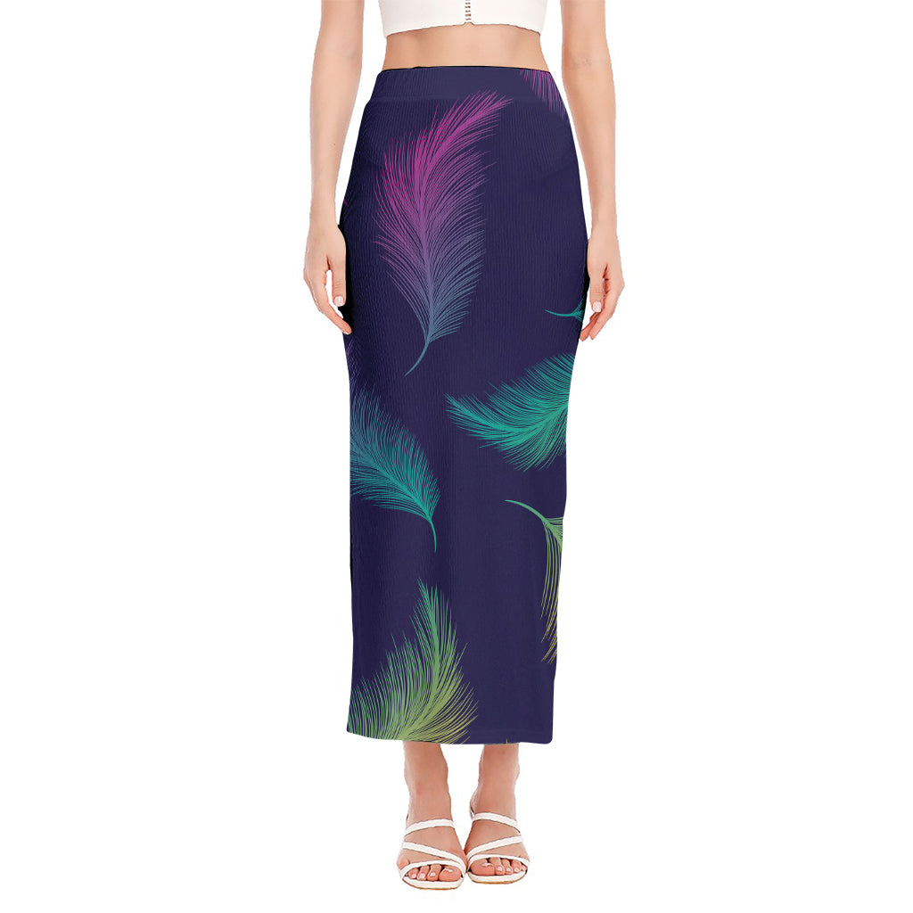 Colorful Feather Pattern Print Side Slit Maxi Skirt
