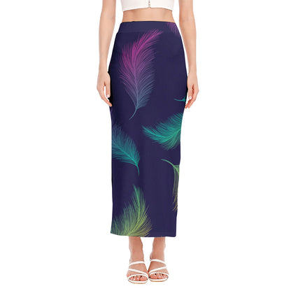 Colorful Feather Pattern Print Side Slit Maxi Skirt