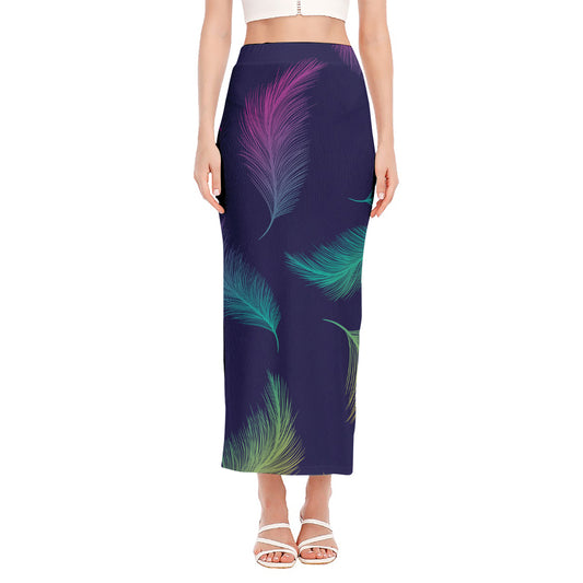 Colorful Feather Pattern Print Side Slit Maxi Skirt