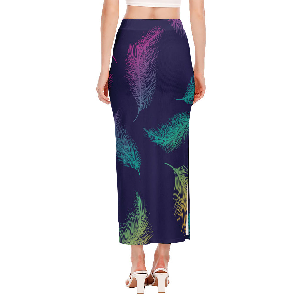 Colorful Feather Pattern Print Side Slit Maxi Skirt