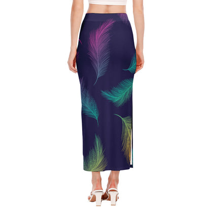 Colorful Feather Pattern Print Side Slit Maxi Skirt