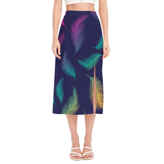 Colorful Feather Pattern Print Side Slit Midi Skirt