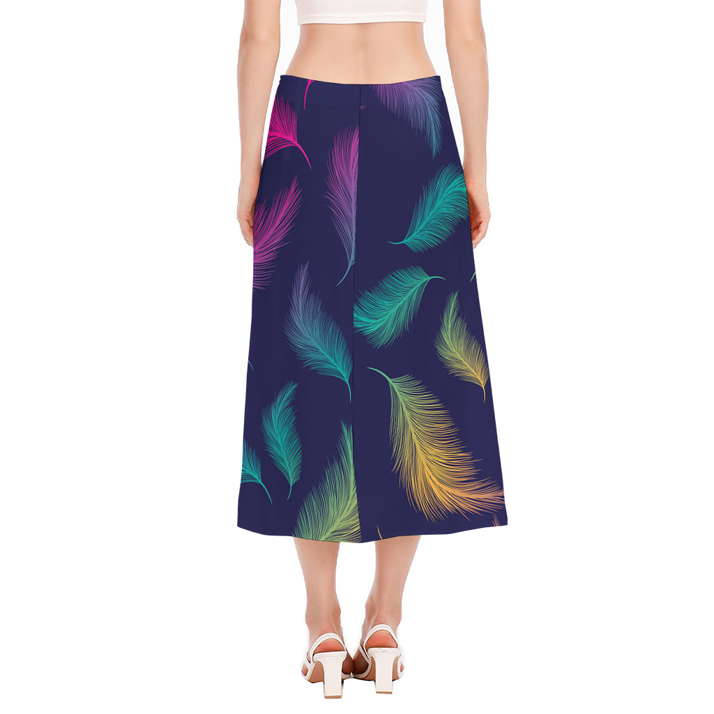Colorful Feather Pattern Print Side Slit Midi Skirt